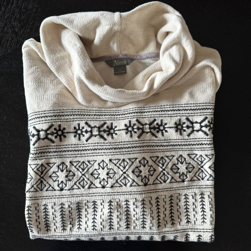 Embroidered Cotton Cowl Neck Tunic 1X Cream Black Boho Southwest